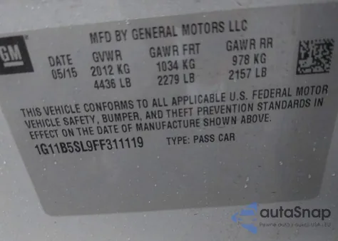 2015 Chevrolet Malibu Ls из США, поврежденный, VIN 1G11B5SL9FF311119